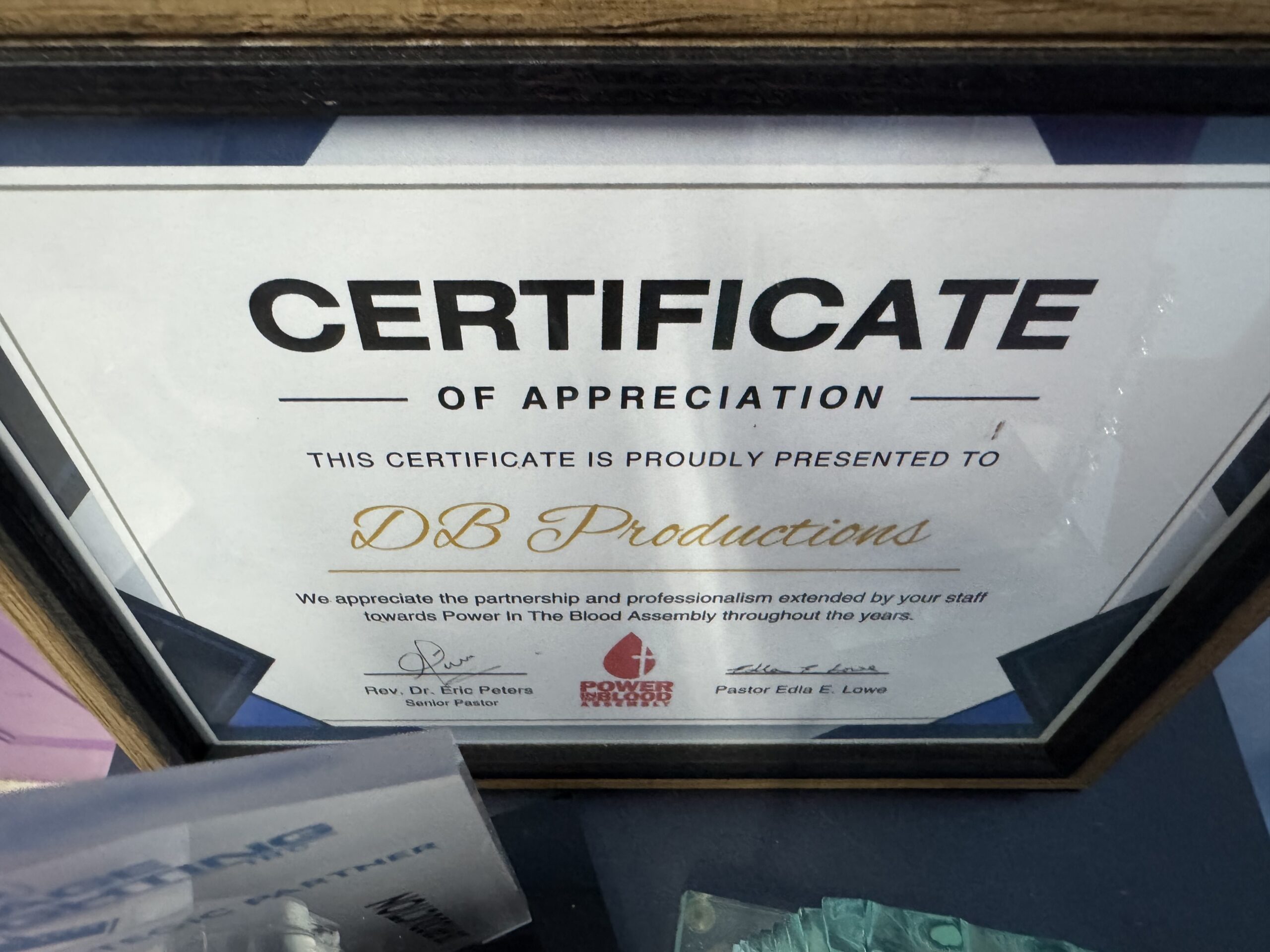 Certificate of Appreciation from Power in The Blood Assembly to DB Productions.