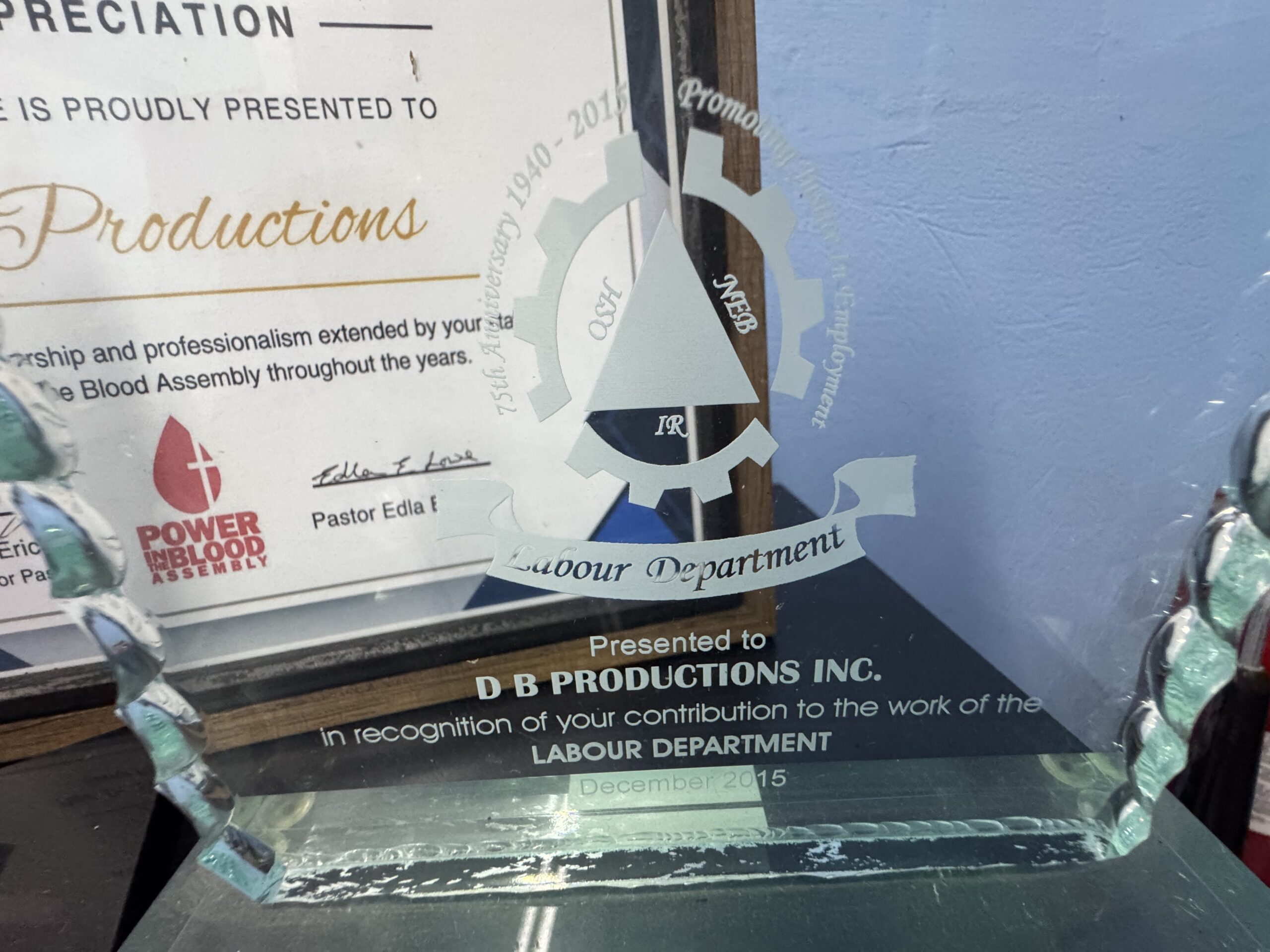 Labour Department Recognition Award to DB Productions